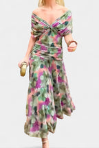 Off-Shoulder Twist-Front Ruched Chiffon Maxi Party Dress