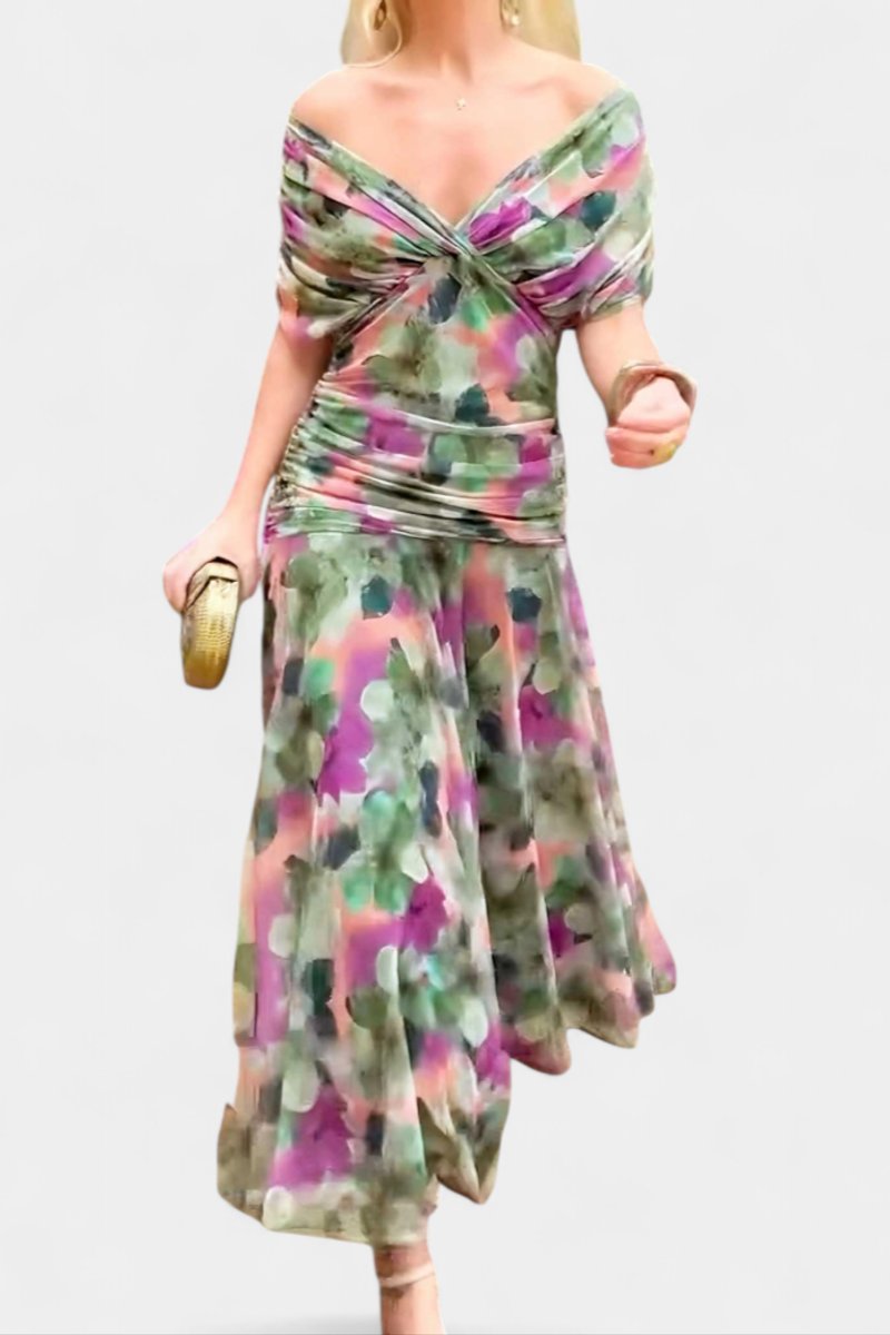 Off-Shoulder Twist-Front Ruched Chiffon Maxi Party Dress