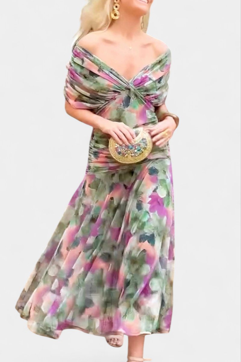 Off-Shoulder Twist-Front Ruched Chiffon Maxi Party Dress