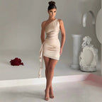 One-Shoulder Ruched Satin Asymmetric Mini Cocktail Dress
