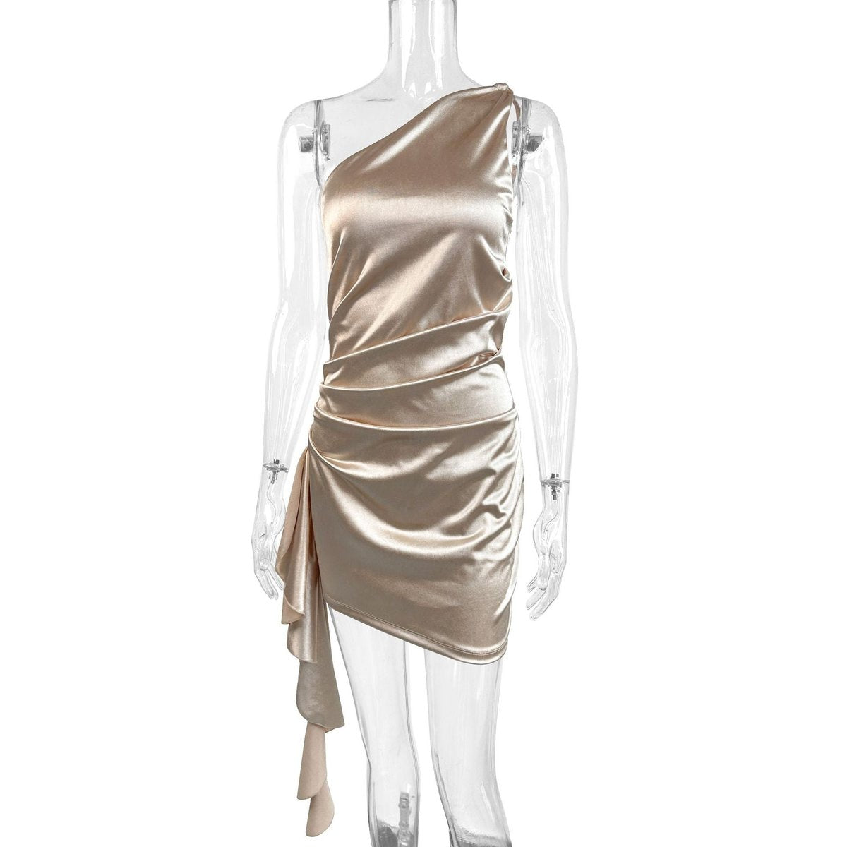 One-Shoulder Ruched Satin Asymmetric Mini Cocktail Dress