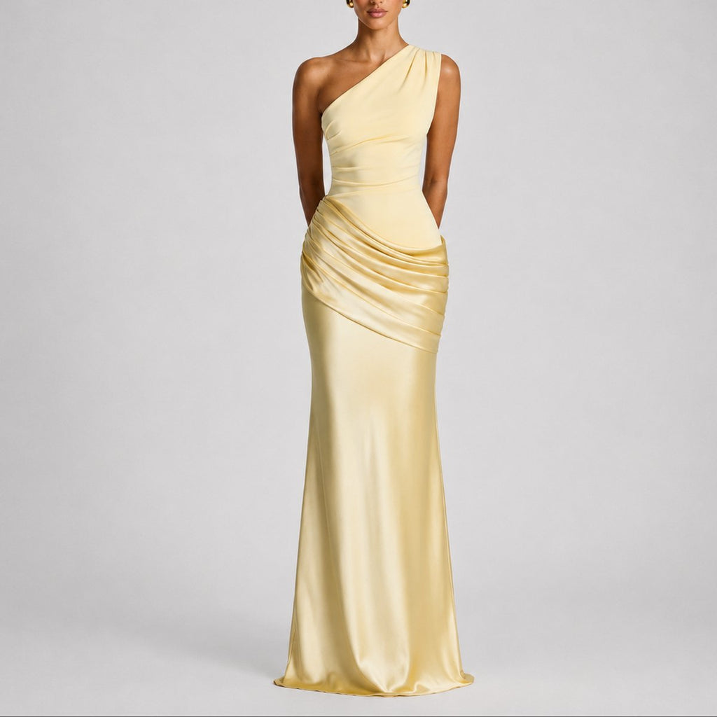 Women's One-Shoulder Draped Satin Maxi Wedding Guest Dress in Yellow