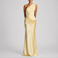 Women's One-Shoulder Draped Satin Maxi Wedding Guest Dress in Yellow