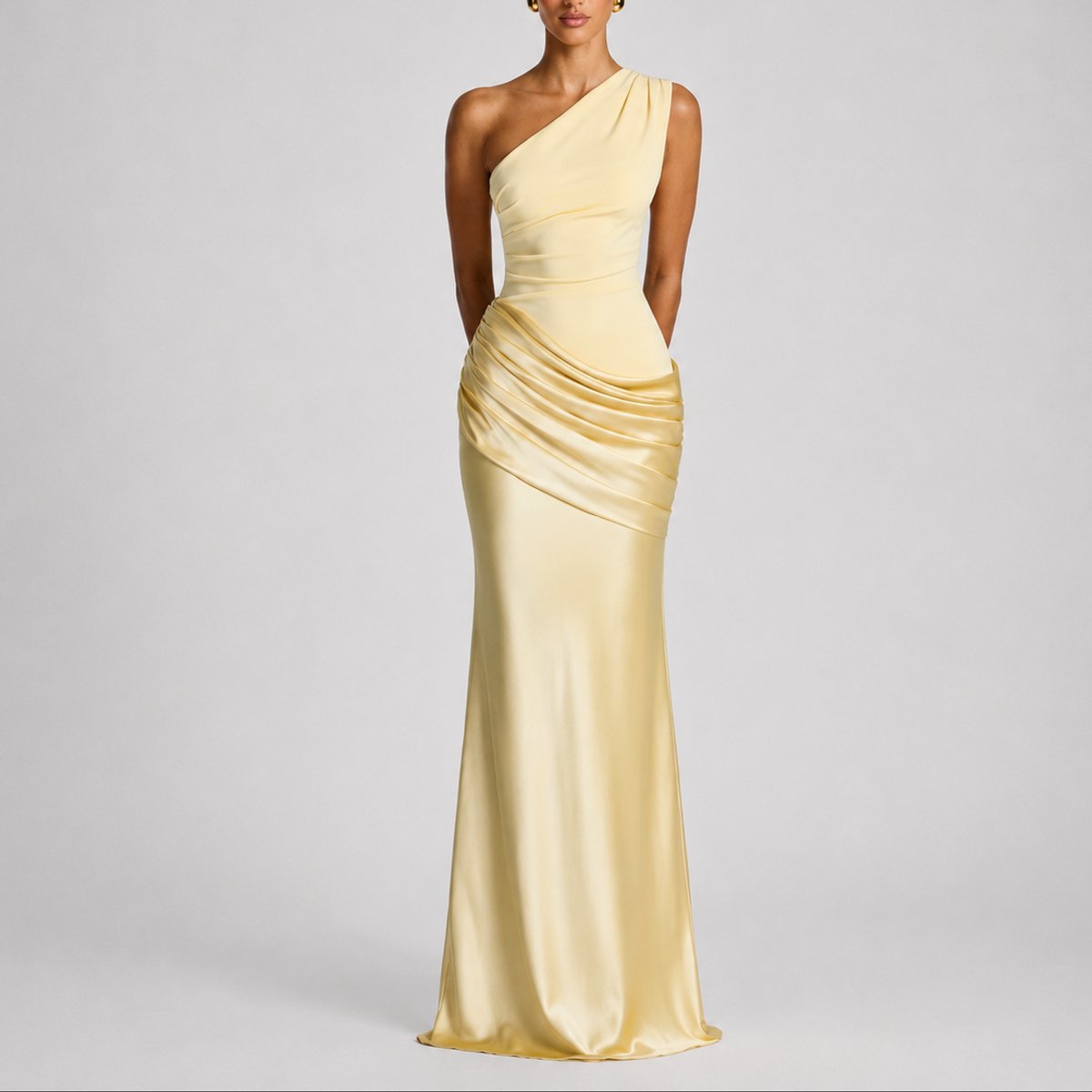 Women's One-Shoulder Draped Satin Maxi Wedding Guest Dress in Yellow