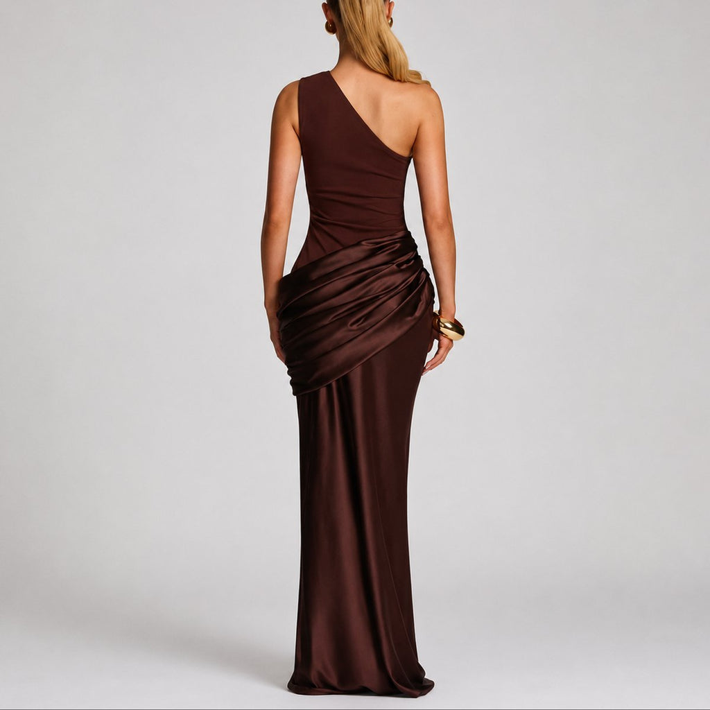 Women's One-Shoulder Draped Satin Maxi Wedding Guest Dress