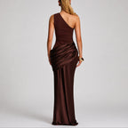 Women's One-Shoulder Draped Satin Maxi Wedding Guest Dress