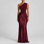 Women's One-Shoulder Draped Satin Maxi Wedding Guest Dress in Burgundy