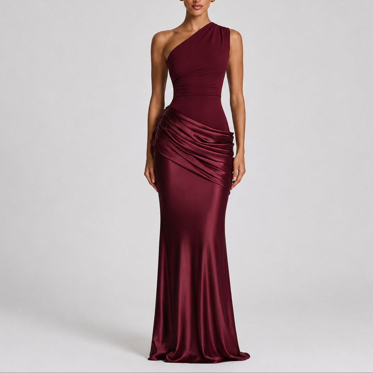 Women's One-Shoulder Draped Satin Maxi Wedding Guest Dress in Burgundy