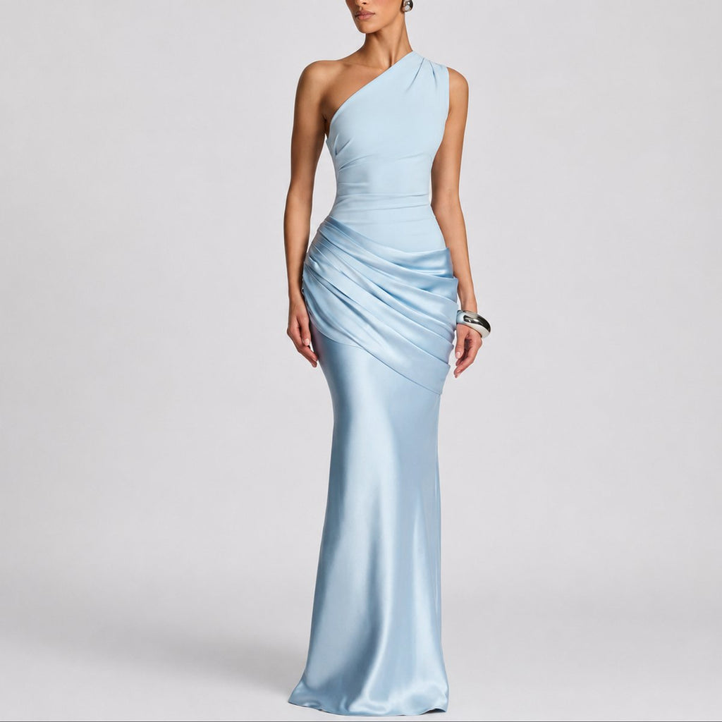 Women's One-Shoulder Draped Satin Maxi Wedding Guest Dress in Light Blue