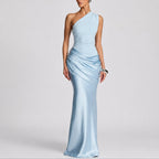 Women's One-Shoulder Draped Satin Maxi Wedding Guest Dress in Light Blue