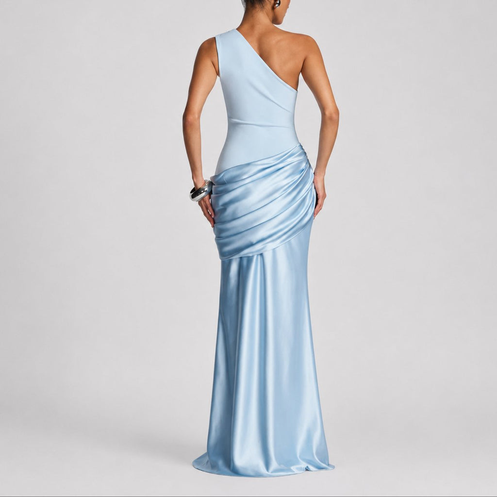 Women's One-Shoulder Draped Satin Maxi Wedding Guest Dress