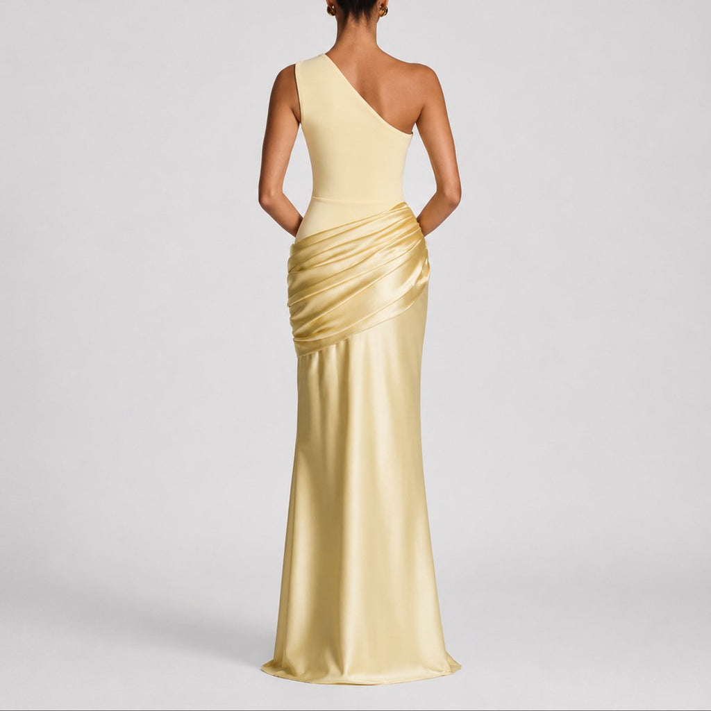 Women's One-Shoulder Draped Satin Maxi Wedding Guest Dress