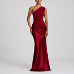 Women's One-Shoulder Draped Satin Maxi Wedding Guest Dress