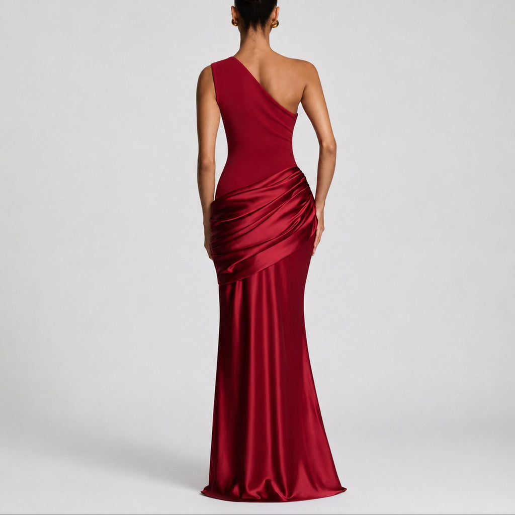 Women's One-Shoulder Draped Satin Maxi Wedding Guest Dress