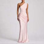 Women's One-Shoulder Draped Satin Maxi Wedding Guest Dress in Pink