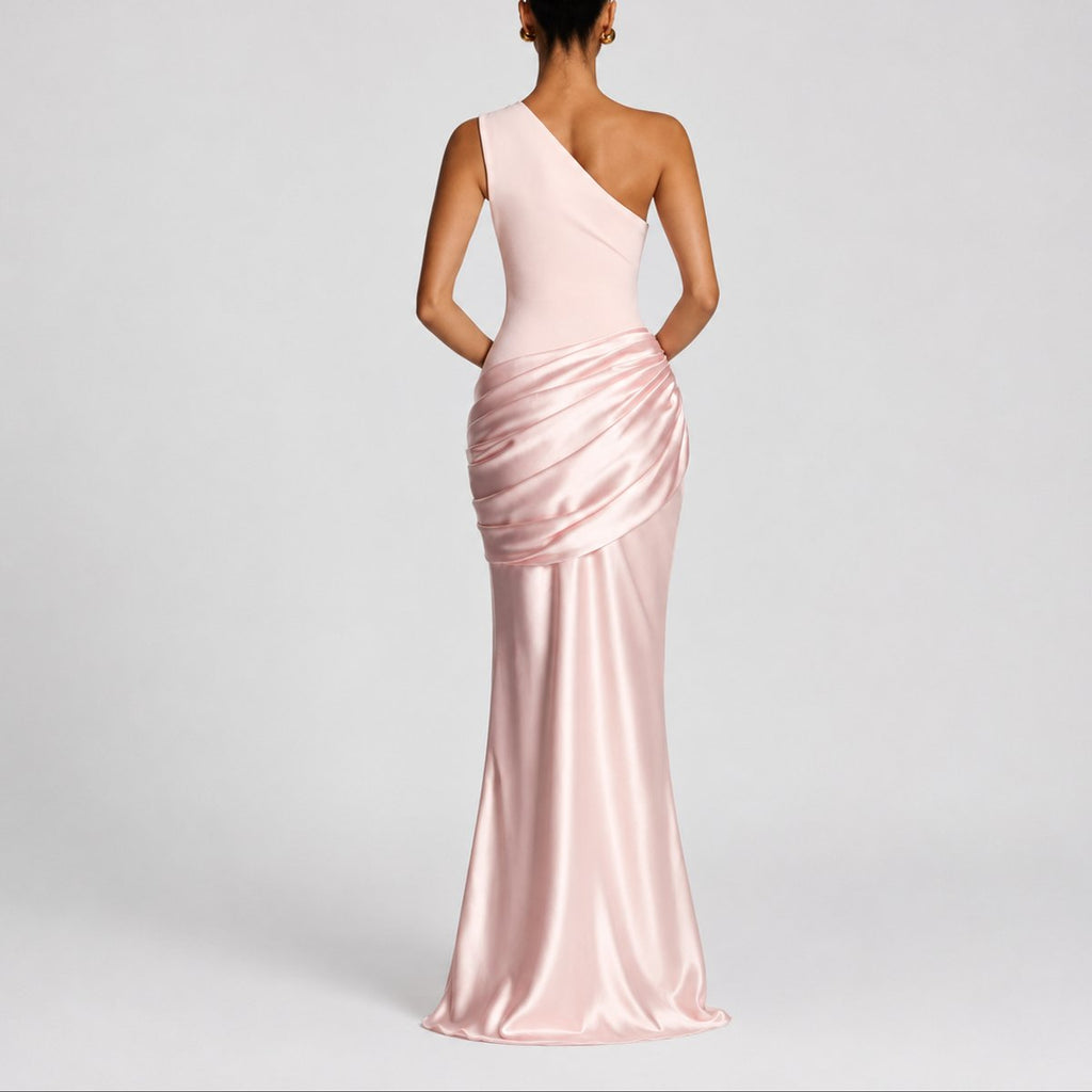 Women's One-Shoulder Draped Satin Maxi Wedding Guest Dress