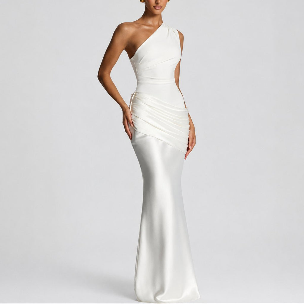 Women's One-Shoulder Draped Satin Maxi Wedding Guest Dress in White