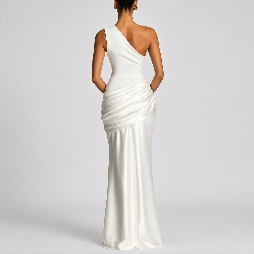 Women's One-Shoulder Draped Satin Maxi Wedding Guest Dress