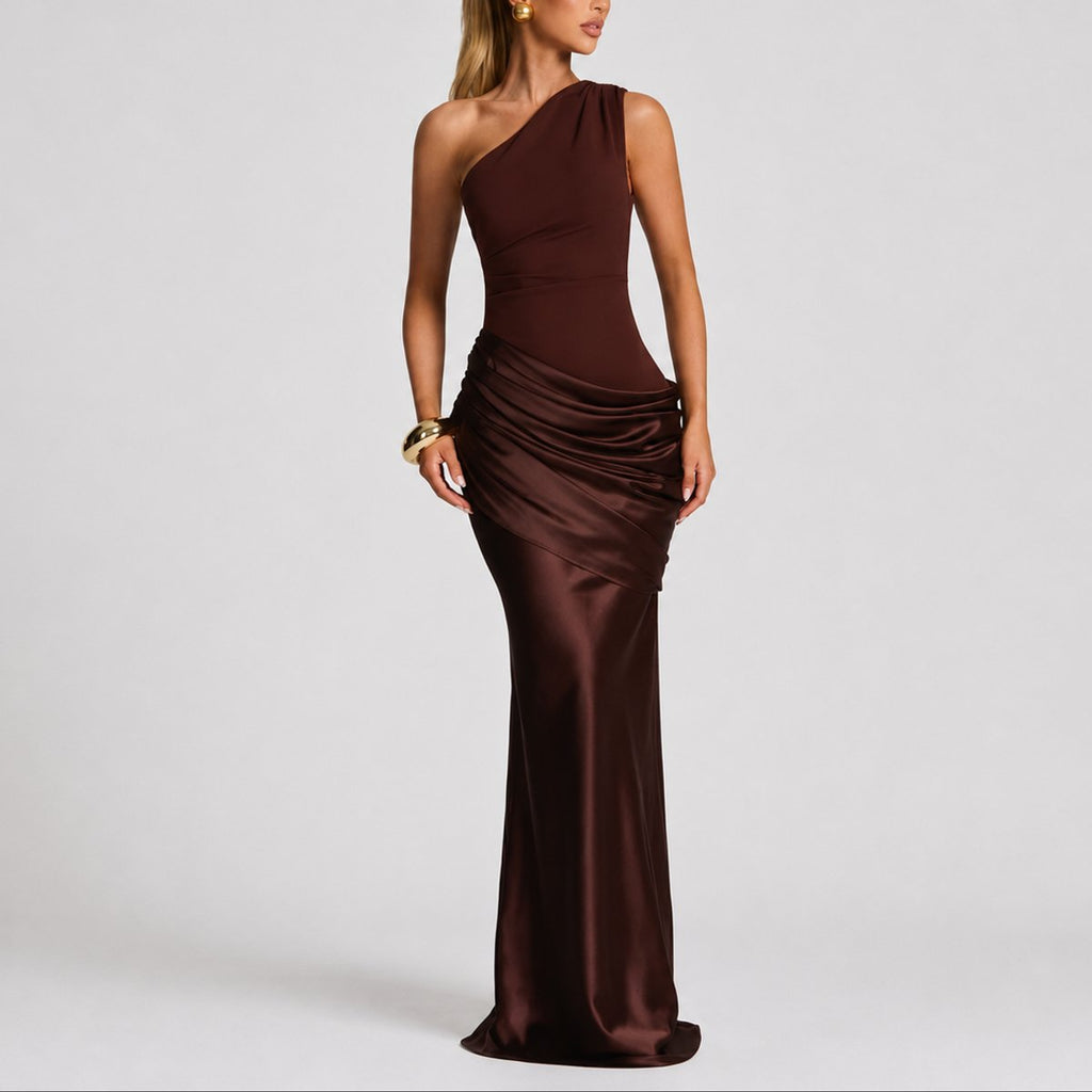 Women's One-Shoulder Draped Satin Maxi Wedding Guest Dress in Brow