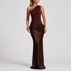 Women's One-Shoulder Draped Satin Maxi Wedding Guest Dress in Brow