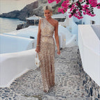 One-Shoulder Sequin Maxi Evening Dress with Side Slit