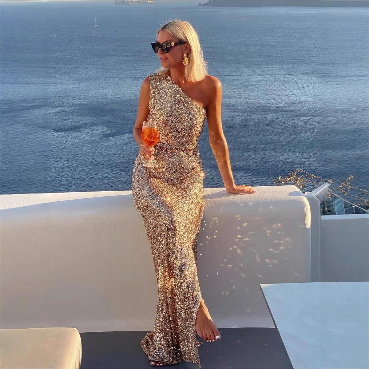 One-Shoulder Sequin Maxi Evening Dress with Side Slit