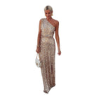 One-Shoulder Sequin Maxi Evening Dress with Side Slit