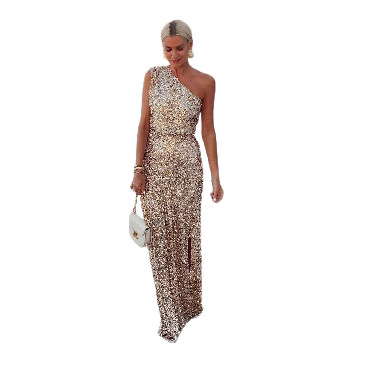 One-Shoulder Sequin Maxi Evening Dress with Side Slit