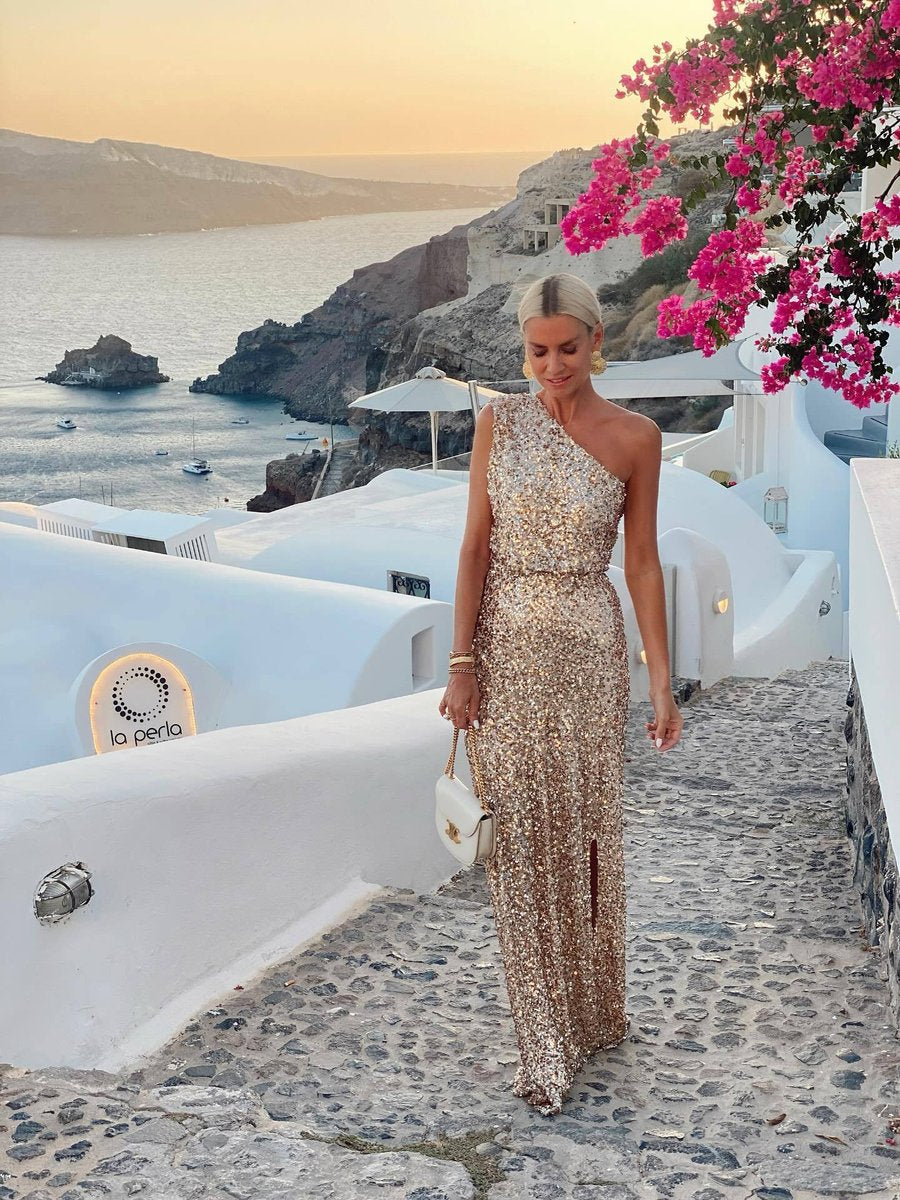 One-Shoulder Sequin Maxi Evening Dress with Side Slit in Champagne