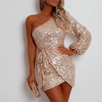 One-Shoulder Sequin Wrap Mini Cocktail Dress with Tie Belt