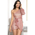 One-Shoulder Sequin Wrap Mini Cocktail Dress with Tie Belt in Pink