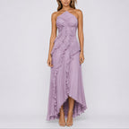 Halter Neck Pleated Ruffle High-Low Maxi Occasion Dress in Purple
