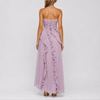 Halter Neck Pleated Ruffle High-Low Maxi Occasion Dress