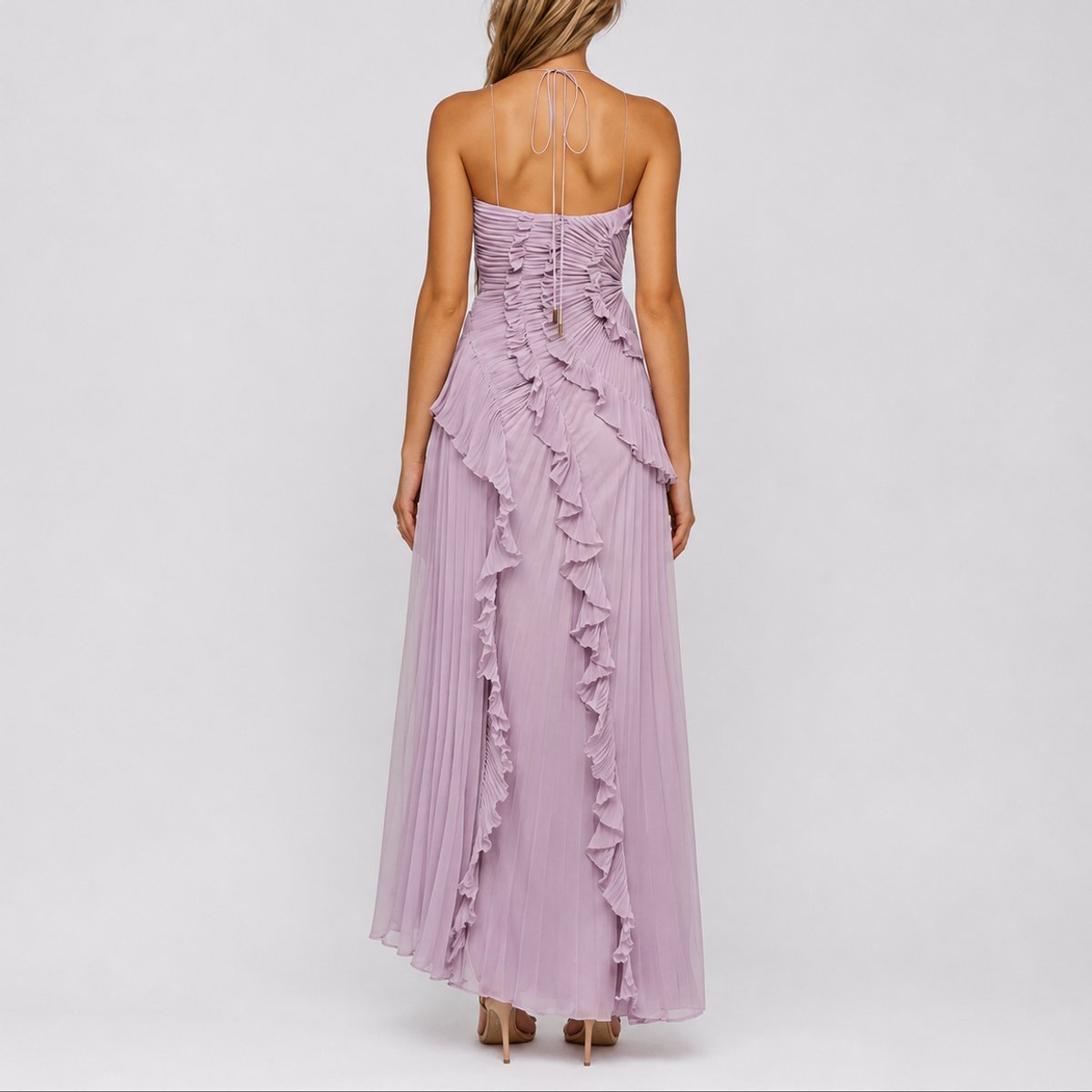 Halter Neck Pleated Ruffle High-Low Maxi Occasion Dress