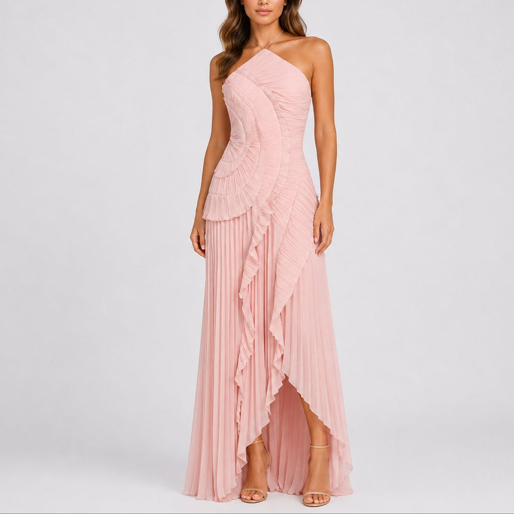 Halter Neck Pleated Ruffle High-Low Maxi Occasion Dress in Pink