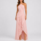 Halter Neck Pleated Ruffle High-Low Maxi Occasion Dress in Pink