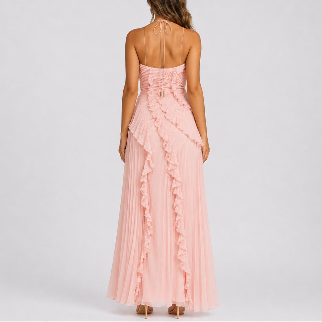 Halter Neck Pleated Ruffle High-Low Maxi Occasion Dress