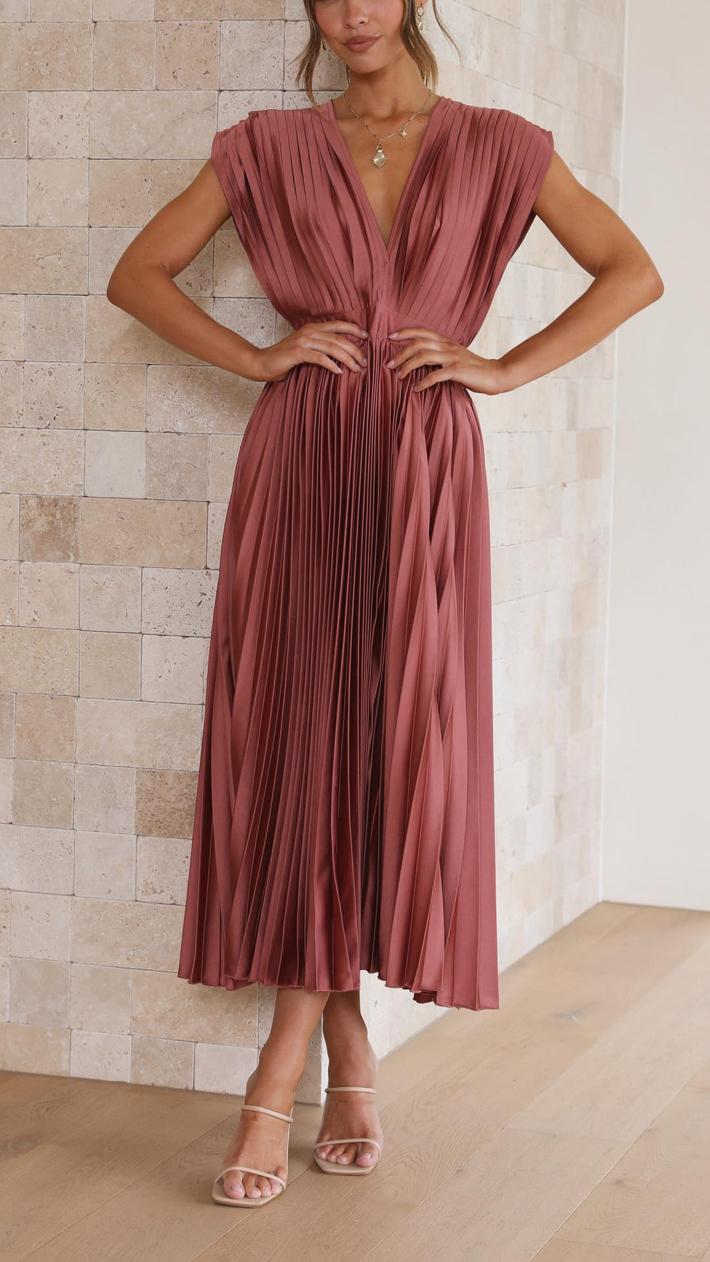 Deep V-Neck Pleated Cap-Shoulder Midi Wedding Guest Dress