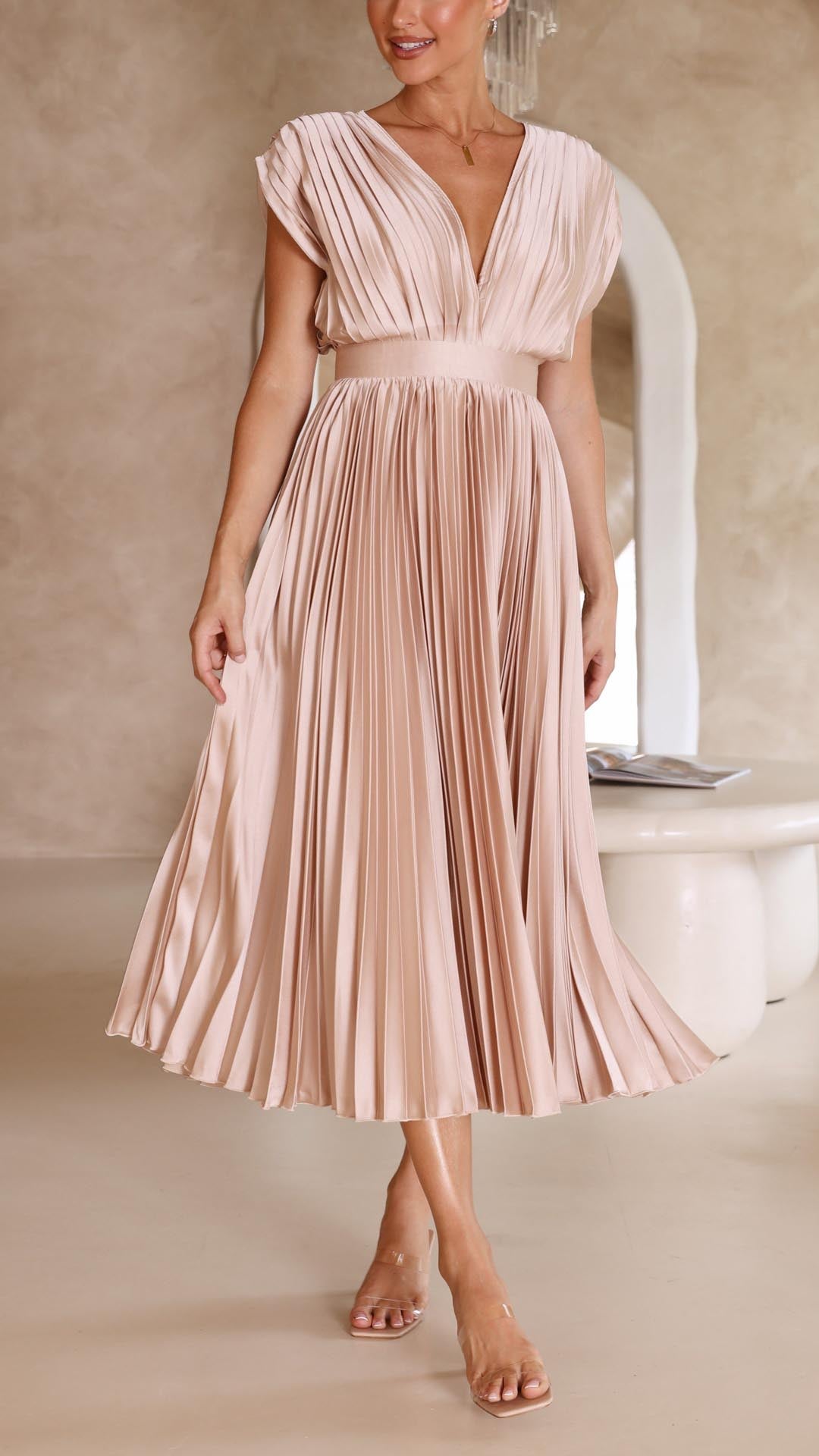 Deep V-Neck Pleated Cap-Shoulder Midi Wedding Guest Dress in Champagne