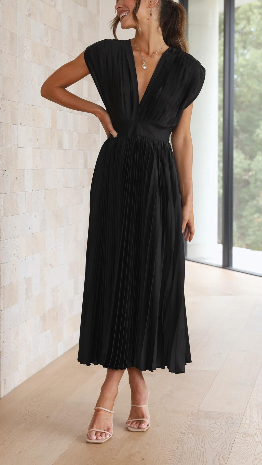 Deep V-Neck Pleated Cap-Shoulder Midi Wedding Guest Dress