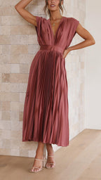 Deep V-Neck Pleated Cap-Shoulder Midi Wedding Guest Dress