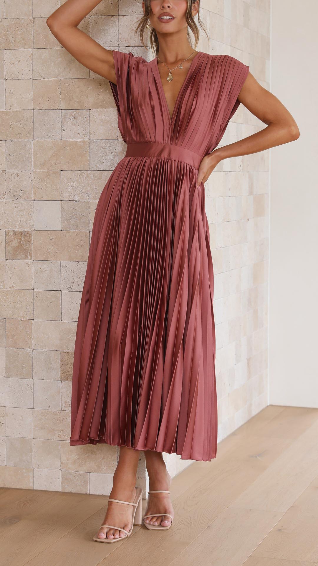 Deep V-Neck Pleated Cap-Shoulder Midi Wedding Guest Dress