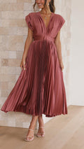 Deep V-Neck Pleated Cap-Shoulder Midi Wedding Guest Dress in Antique Pink
