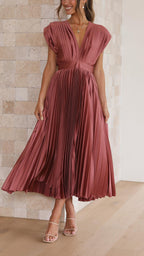 Deep V-Neck Pleated Cap-Shoulder Midi Wedding Guest Dress in Antique Pink