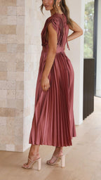 Deep V-Neck Pleated Cap-Shoulder Midi Wedding Guest Dress