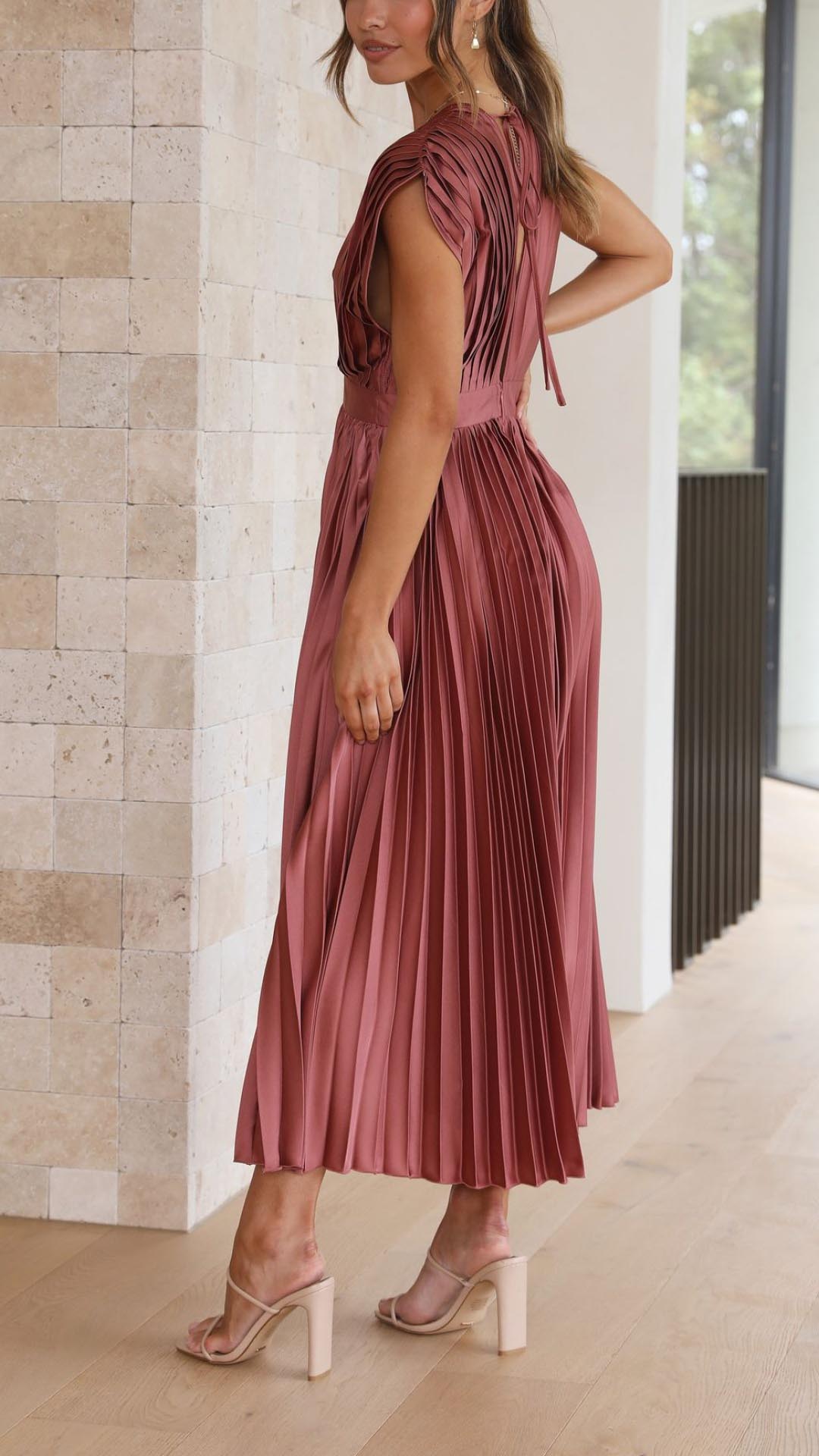 Deep V-Neck Pleated Cap-Shoulder Midi Wedding Guest Dress