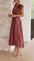 Deep V-Neck Pleated Cap-Shoulder Midi Wedding Guest Dress