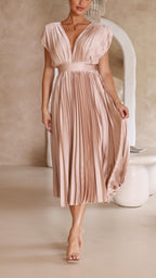 Deep V-Neck Pleated Cap-Shoulder Midi Wedding Guest Dress