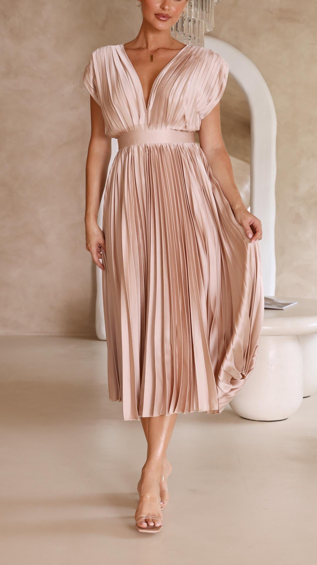 Deep V-Neck Pleated Cap-Shoulder Midi Wedding Guest Dress
