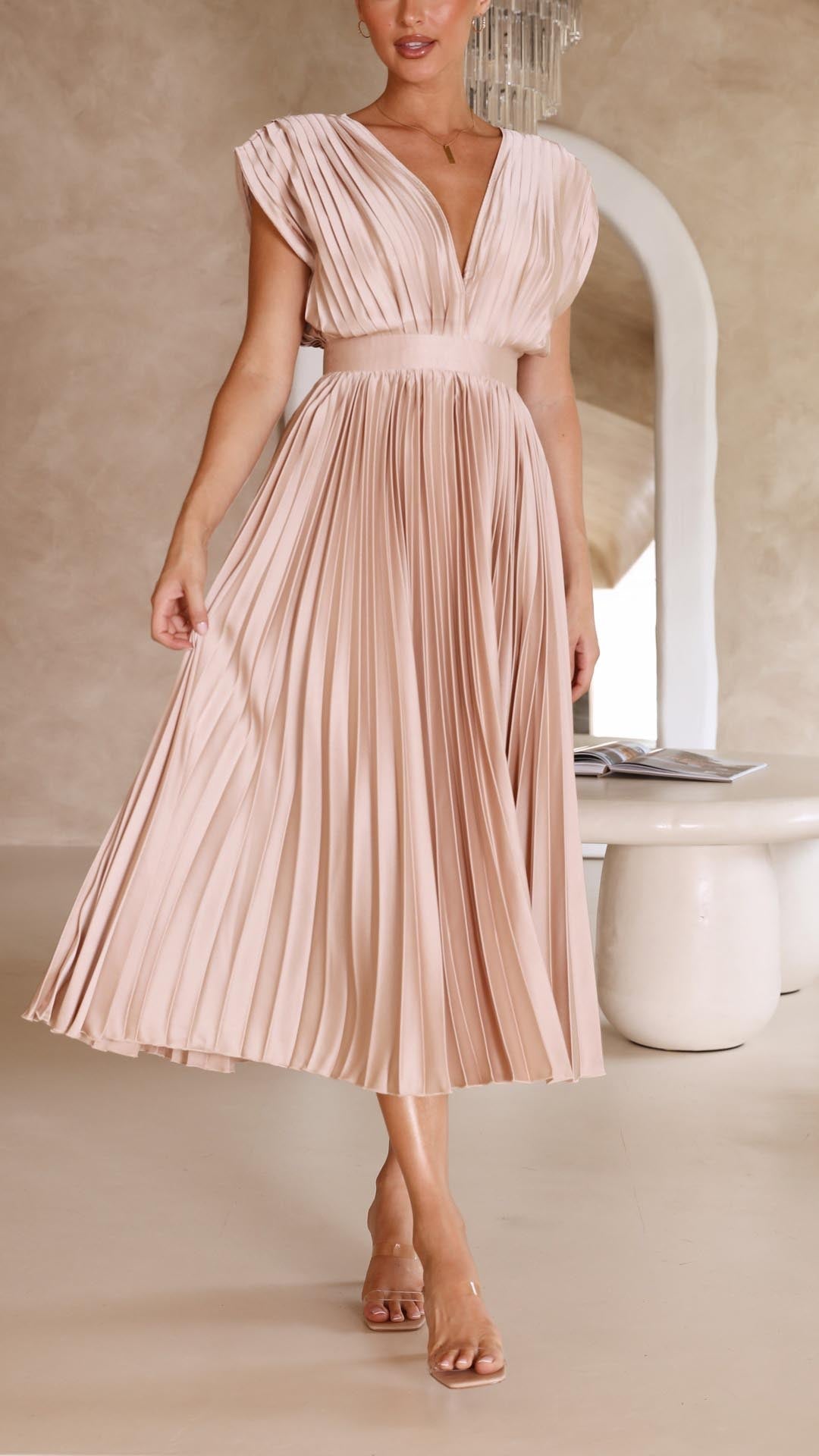 Deep V-Neck Pleated Cap-Shoulder Midi Wedding Guest Dress